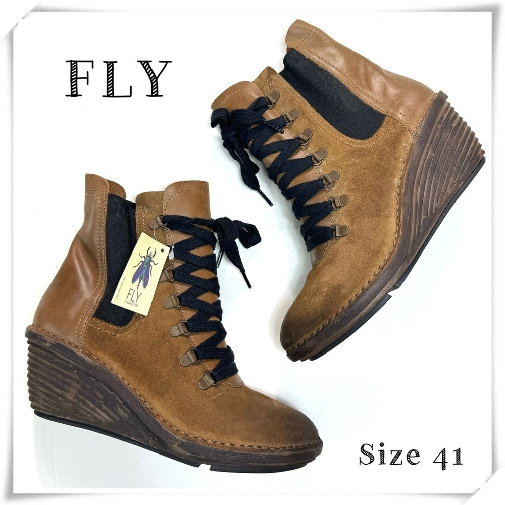 FLY London Suzu Oil Suede Lace Up Wedge Boot in Rag Camel Tan Size 10